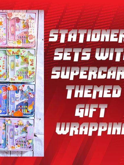 A graphic showing the variety of stationery sets available, which were then wrapped in Supercars-themed gift wrapping for an order.