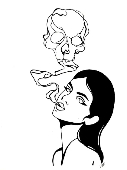 A line drawing of a woman exhaling smoke that forms into a skull. This symbolic piece explores themes of mortality and the transient nature of life, captured in a stark, black-and-white style.