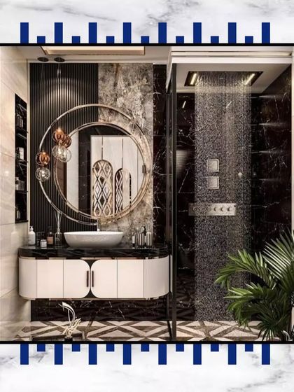 This design concept showcases a truly lavish bathroom with a rainfall shower, a statement circular mirror, and dramatic black marble. We can bring such visions to life.