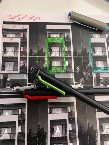 This is where it all begins. A look at my conceptual design process, where I sketch out different facade elevations for an architectural project, experimenting with scale, materials, and colors to find the best solution.