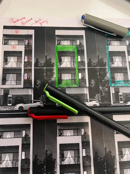 This is where it all begins. A look at my conceptual design process, where I sketch out different facade elevations for an architectural project, experimenting with scale, materials, and colors to find the best solution.