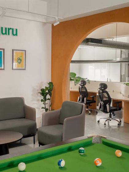 The breakout and recreation area at the Hosachiguru office. This space, complete with a pool table and comfortable seating, was designed to give employees a place to unwind and connect informally.