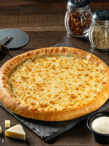 A simple yet classic cheese pizza, with a focus on the golden, bubbly cheese and thick crust.