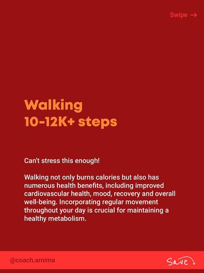 A carousel of tips for sustainable fat loss. It's not about crash diets. It's about a balanced diet, weight training, managing stress, and walking 10-12k steps daily.