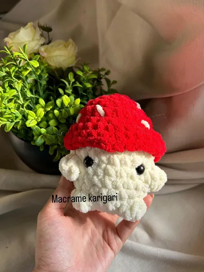 Our cute and quirky mushroom plushie, made from chunky red and white yarn. It's a fun and imaginative toy that adds a touch of whimsy to any room.