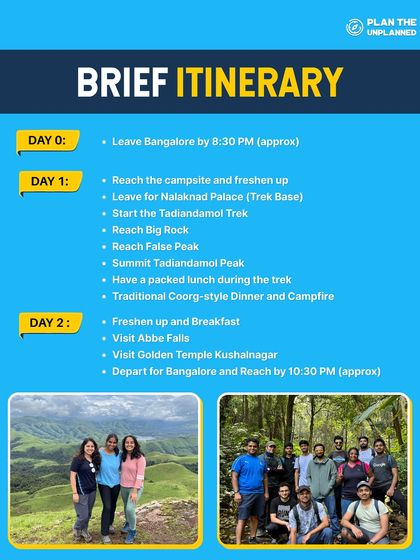 The day by day plan for our Tadiandamol trek in Coorg, including a visit to Abbe Falls and the Golden Temple.