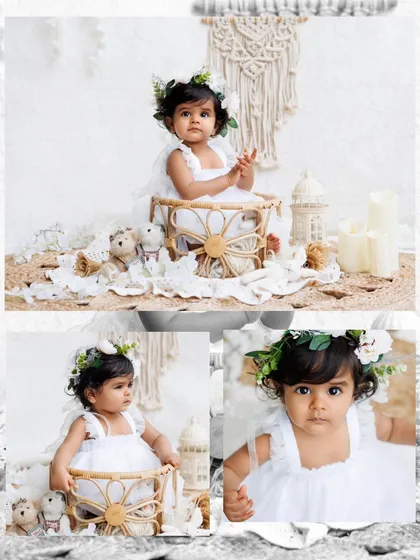 A collage of a baby girl in an angelic, all-white boho setup, showing different poses and her sweet expressions.