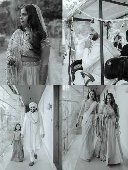 A collage of candid black and white moments from a Sikh wedding. It shows the bride and groom in quiet moments, walking with family, and enjoying the day.
