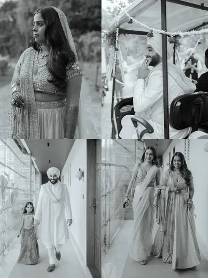 A collage of candid black and white moments from a Sikh wedding. It shows the bride and groom in quiet moments, walking with family, and enjoying the day.