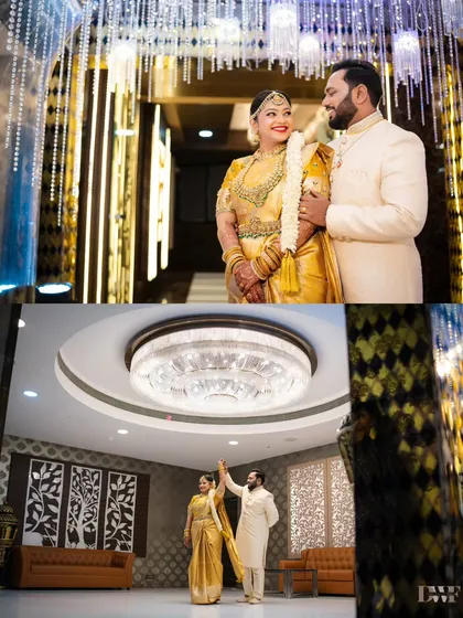 A collage of the couple at their reception, with a grand chandelier and elegant decor creating a luxurious atmosphere.