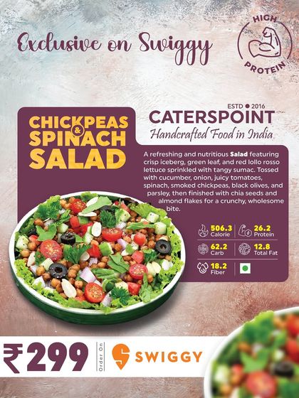 The Chickpeas Spinach Salad is a refreshing and nutritious option, exclusive on Swiggy. It's packed with 26.2 grams of protein and features crisp lettuce, tangy sumac, chickpeas, and spinach, all for just 506 calories.