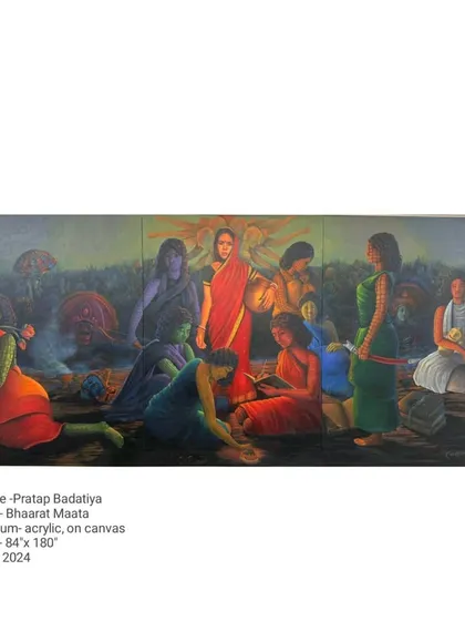 Titled 'Bhaarat Maata,' this is a significant 84 by 180-inch acrylic on canvas from 2024. The painting is a complex narrative about the contribution of tribal communities to contemporary India, weaving together figures and symbols to represent a collective identity and struggle.