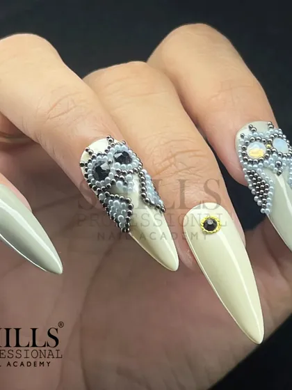 The full set of our beaded owl nails, showcasing the intricate craftsmanship and unique artistry involved.