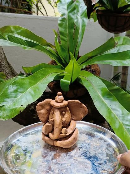 A beautiful eco-friendly Ganesha idol made with clay, ready for our workshop. I love using natural materials to connect kids with both culture and nature.