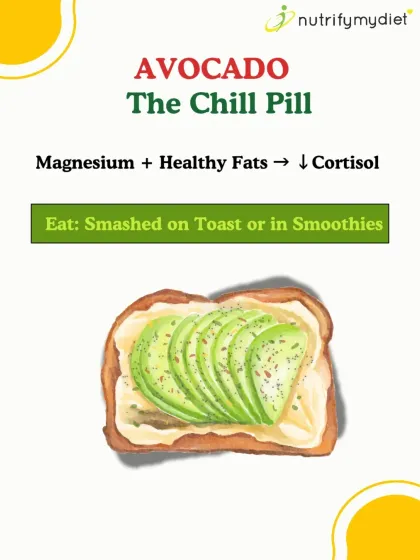 Avocado: The Chill Pill. Avocados are rich in magnesium and healthy fats, which can help lower cortisol, your body's stress hormone. Smashed on toast or in a smoothie, it's a great way to feel calmer.