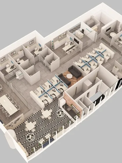 A 3D layout of the Umicore office, designed with a linear central space to maximize natural light from windows overlooking the airport. The plan shows how I tactfully offset cabin partitions to enhance the feeling of volume.
