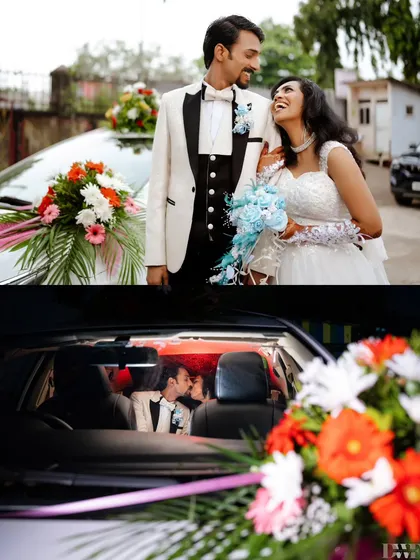 A collage showing the couple by their decorated wedding car and sharing a kiss inside. A perfect blend of classic and candid moments.