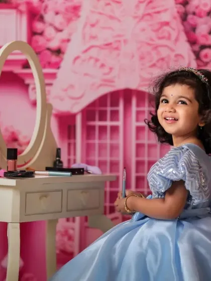 A little princess getting ready at her vanity. Our all-pink Barbie-inspired theme is a dream come true for many little girls.