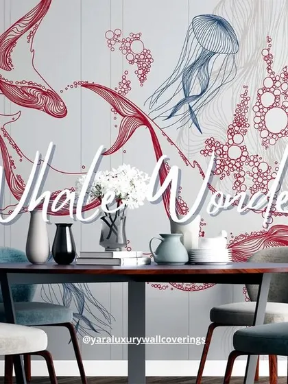 This version of the whale mural uses red and blue line art, creating a playful yet stylish design suitable for a dining area or creative space.
