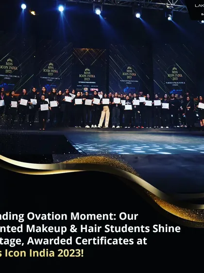 This is a moment of pure success. Our students take center stage at Miss Icon India 2023, receiving a standing ovation and certificates for their incredible backstage work. This is the real-world experience and recognition we provide, turning your training into a celebrated career.