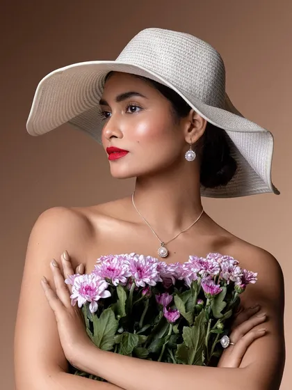 The full effect of the wide-brimmed hat, which frames the face beautifully and adds a touch of old-Hollywood glamour.