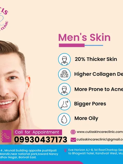 An informational graphic focused on the characteristics of men's skin. It notes that it is often thicker, has higher collagen density, and can be more prone to oiliness and acne.