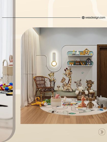 A playful corner in a kids' room designed for imagination. We used animal decals, a fun car-track rug, and low, accessible shelving to create a safe and engaging play area.