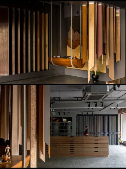 A composite view showing the showroom's different zones and display methods, from the suspended desk to the central storage island.