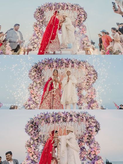 A collage of the key moments from the Varmala ceremony on the beach, complete with cold pyro for a dramatic effect.