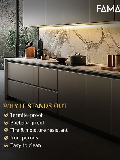 Here is exactly why M-Core™ stands out. It is engineered to be termite-proof, bacteria-proof, fire and moisture resistant, non-porous, and incredibly easy to clean. These are not just features; they are assurances that your kitchen is safe, hygienic, and built to last.