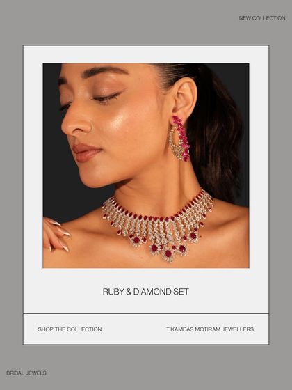 A love story deserves a stone that holds its fire forever. This ruby and diamond set is perfect for a cocktail party or a modern reception look.