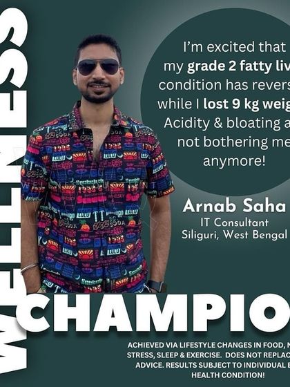 Arnab, a 31-year-old IT professional, reversed his grade 2 fatty liver condition and lost 9 kg. He is now free from the acidity and bloating that once plagued him, feeling rejuvenated and happy.