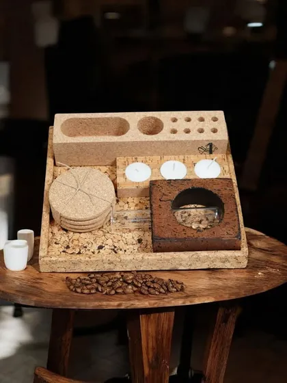 My sustainable cork desk organizer is designed for both style and function. Made from natural cork, this set includes coasters, a pen stand, and compartments for stationery and small items, bringing an element of eco-conscious elegance to any workspace.