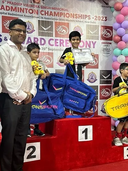 Here is one of our youngest champions, Advit Mishra, after winning the Delhi State U-7 Championship. We believe in nurturing talent from a very early age, providing a strong foundation for a successful badminton career.