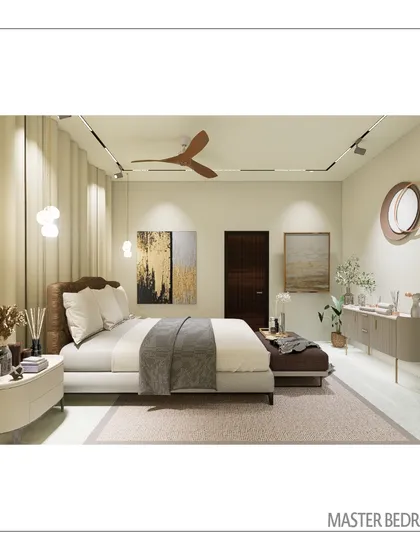 The master bedroom, showing the clean lines of the furniture and the soft, layered lighting scheme. We focused on creating a calm and uncluttered environment that promotes rest and relaxation.