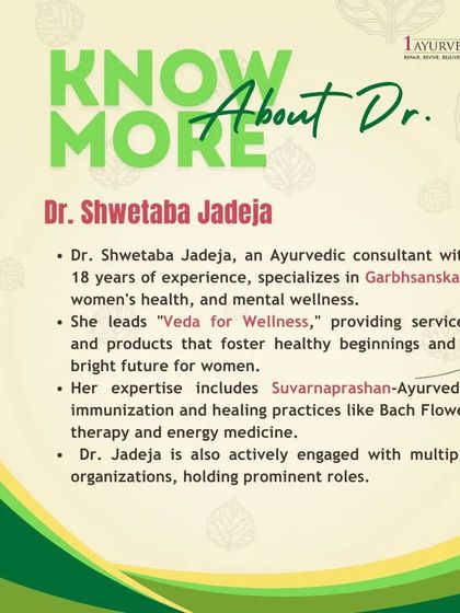 We are proud to have Dr. Shwetaba Jadeja on our team, an Ayurvedic consultant with 18 years of experience. She specializes in women's health, Garbhsanskar, and Suvarnaprashan (Ayurvedic immunization), and also utilizes healing practices like Bach Flower therapy.