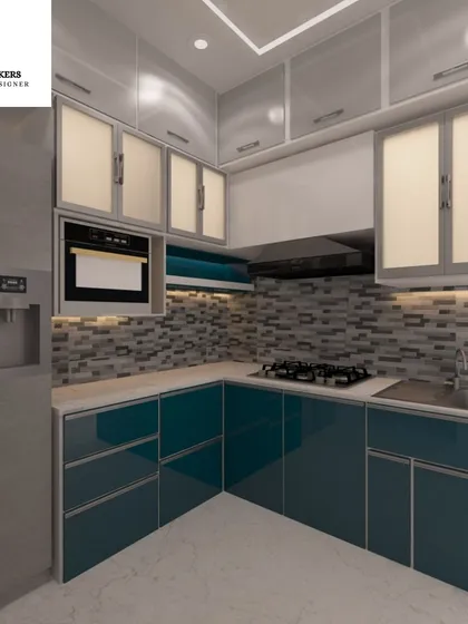 A 3D render of a sleek modular kitchen with teal and grey cabinets and a mosaic tile backsplash.
