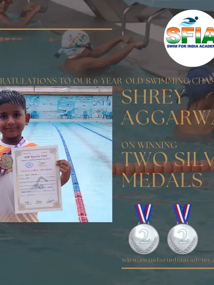 Our 6-year-old champion, Shrey Aggarwal, after winning two silver medals. It's so rewarding to see our youngest swimmers compete and succeed.