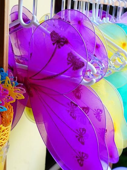 We provide themed accessories like these colorful fairy wings and wands, so every guest can transform into a magical creature for the day.
