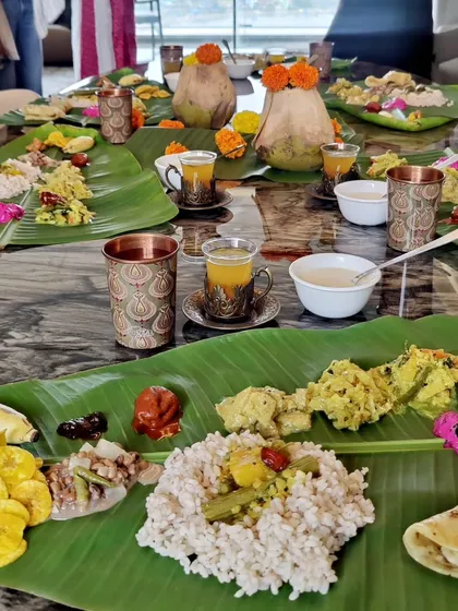 A beautiful Onam Sadhya spread on banana leaves. I love creating authentic festive menus that celebrate our culture. Whether it's for a corporate event or a family gathering, I make sure the feast is traditional and memorable.