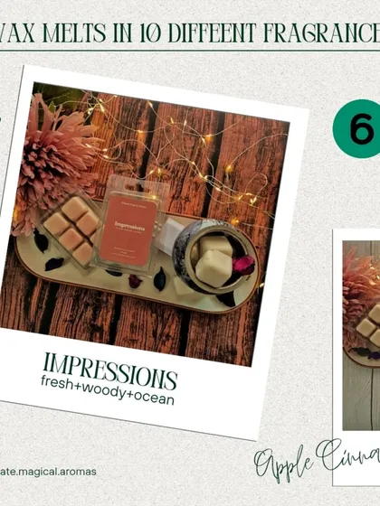 This graphic highlights the 'Impressions' wax melts. With notes of fresh, woody, and ocean, it's a perfect scent for a clean and airy feel.