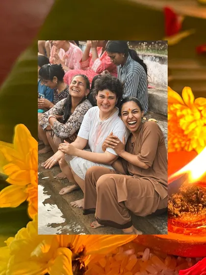 Om sweet om. This collage captures the feeling of our ashram: laughter by the water, the glow of ceremonial fire, and the beauty of fresh flowers. It is our home.