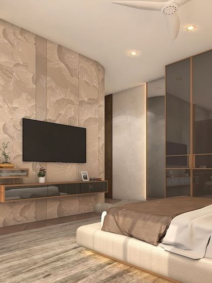 This is a visualization of a bedroom in an upcoming apartment, showcasing how we use texture to create warmth and character. The feature wall with its organic pattern, combined with soft backlighting, creates a serene and sophisticated atmosphere perfect for relaxation.