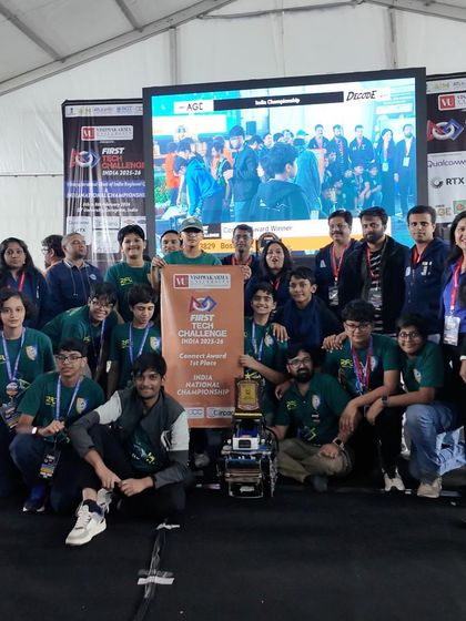 Team FTC Circuitron proudly displays their Innovative Design Award. Their hard work and creative engineering paid off at the FIRST Tech Challenge India Championship.