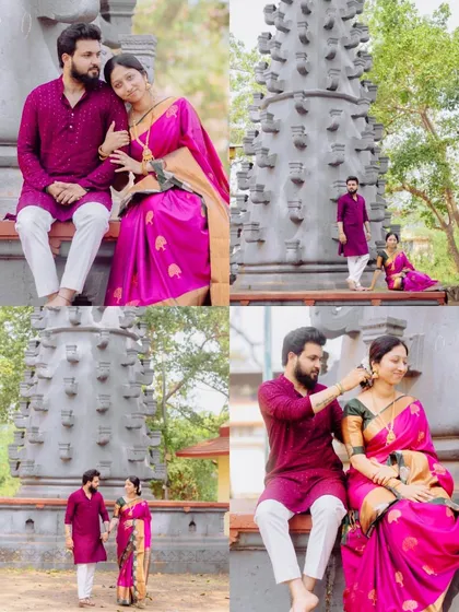 A collage from the same traditional pre-wedding shoot, showcasing a variety of poses and interactions that tell the couple's story from different perspectives.