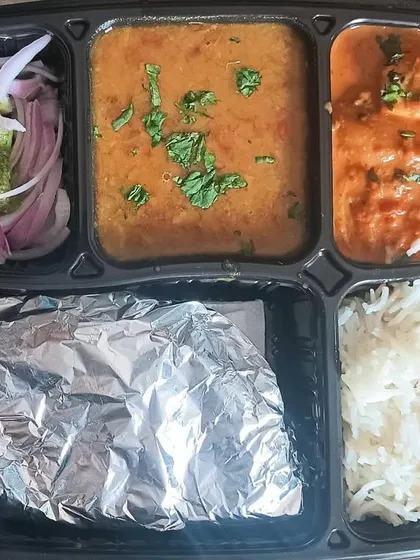 A protein-rich thali featuring my special Chaap Masala and a simple dal. This is a great option for those looking for a filling and flavorful vegetarian meal.