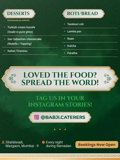 The final page of our menu, featuring our homemade desserts and variety of breads. We also encourage our happy customers to share their experience and tag us.
