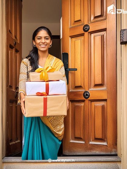 A smart lock makes every arrival and departure effortless. Here, a guest is welcomed into a secure home without the need for a physical key, showcasing true convenience.