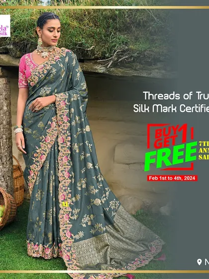 This elegant grey silk saree features delicate pink and gold floral embroidery along the border. It is a perfect example of my commitment to "Threads of Trust," as every piece is Silk Mark Certified, guaranteeing authentic quality.