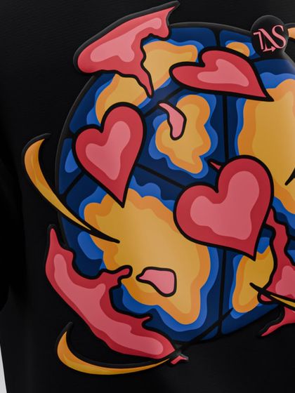 Another detailed angle of the 'World of Lovers' puff print, highlighting the sharp edges and vibrant colors of the back graphic.
